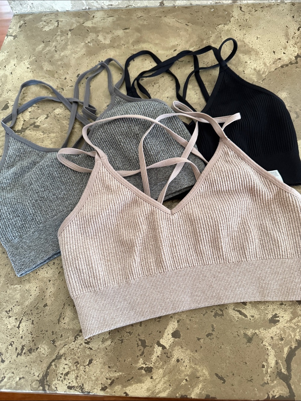 Aerie Ribbed Bralette Set (3) in Blush and Heather Gray and Black